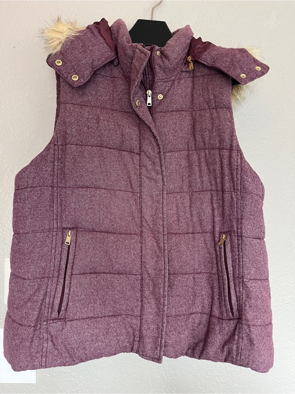 Banana Republic Plum Quilted Puffer Vest with Faux Fur Trim
